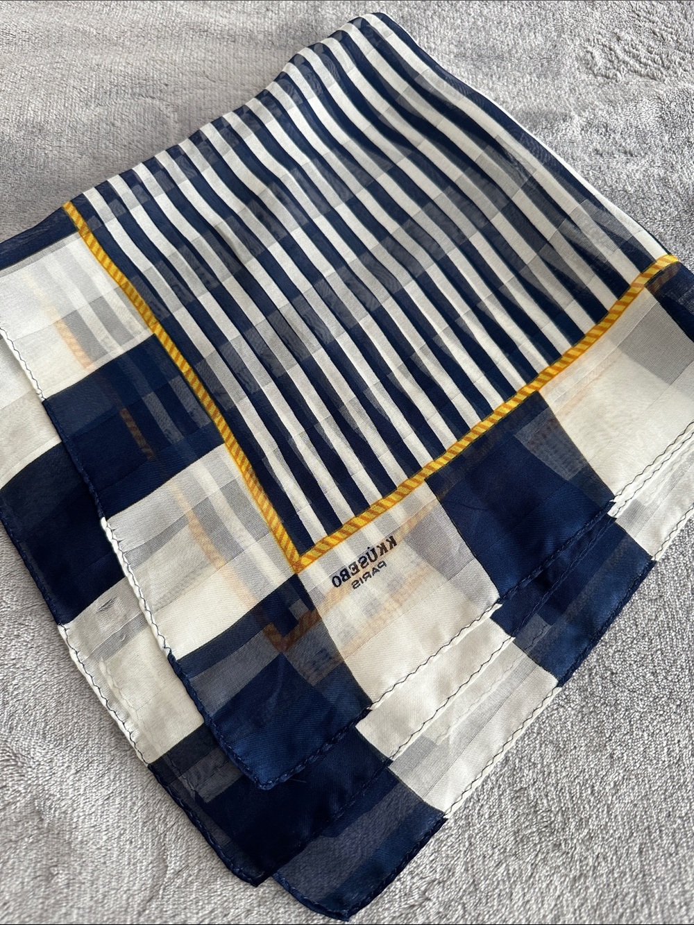 Vintage Kkusebo Paris Navy & White Striped Silk Scarf with Yellow Trim
